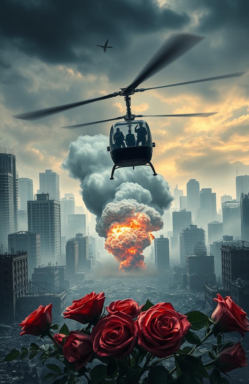 A decimated zombie city, showcasing crumbling skyscrapers and debris scattered across the landscape