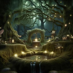 An enchanted forest with towering trees, moss-covered stones, a sparkling creek, and a magical well in the heart of it. Fill the scene with butteries, fairies and magical flora glowing under the moonlight