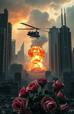 A decimated zombie city, showcasing crumbling skyscrapers and debris scattered across the landscape