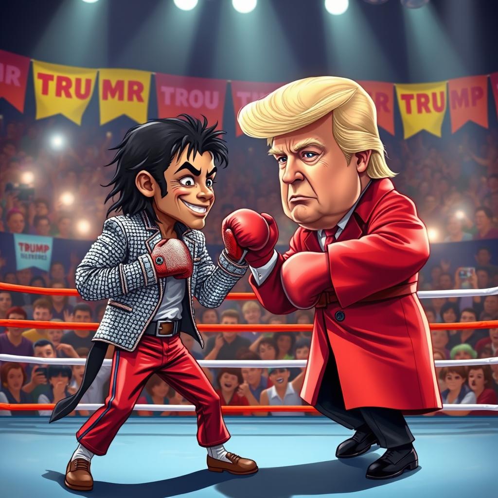 A dynamic scene depicting a boxing match between a cartoonish version of Michael Jackson, dressed in his iconic sequined jacket and glittery gloves, and a caricature of Donald Trump, with his signature hairstyle and wearing a bright red boxing robe