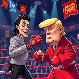 A dynamic scene depicting a boxing match between a cartoonish version of Michael Jackson, dressed in his iconic sequined jacket and glittery gloves, and a caricature of Donald Trump, with his signature hairstyle and wearing a bright red boxing robe