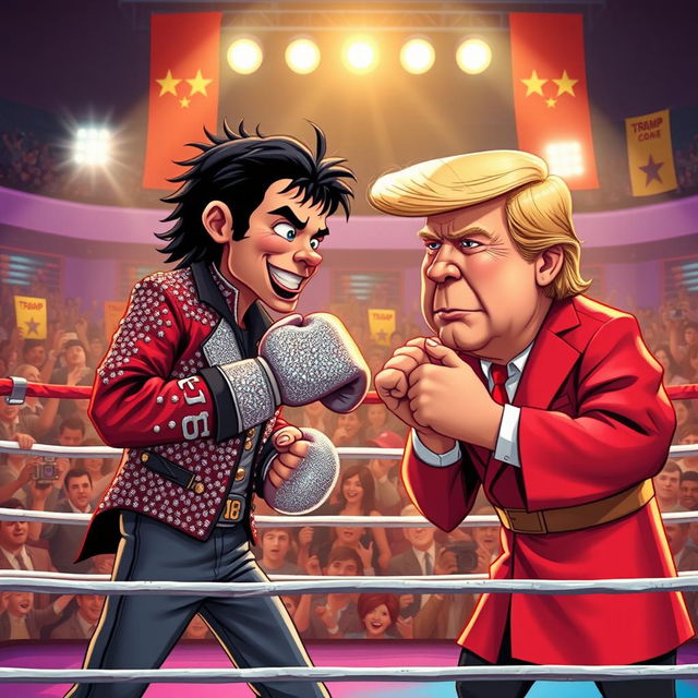 A dynamic scene depicting a boxing match between a cartoonish version of Michael Jackson, dressed in his iconic sequined jacket and glittery gloves, and a caricature of Donald Trump, with his signature hairstyle and wearing a bright red boxing robe