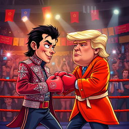 A dynamic scene depicting a boxing match between a cartoonish version of Michael Jackson, dressed in his iconic sequined jacket and glittery gloves, and a caricature of Donald Trump, with his signature hairstyle and wearing a bright red boxing robe