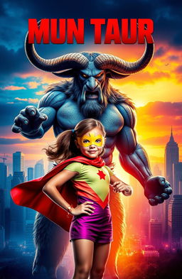 A movie cover design featuring two main characters: a young girl depicted as a superhero, wearing a bright and colorful superhero costume complete with a cape, mask, and dynamic pose, symbolizing strength and courage
