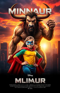 A movie cover design featuring two main characters: a young girl depicted as a superhero, wearing a bright and colorful superhero costume complete with a cape, mask, and dynamic pose, symbolizing strength and courage