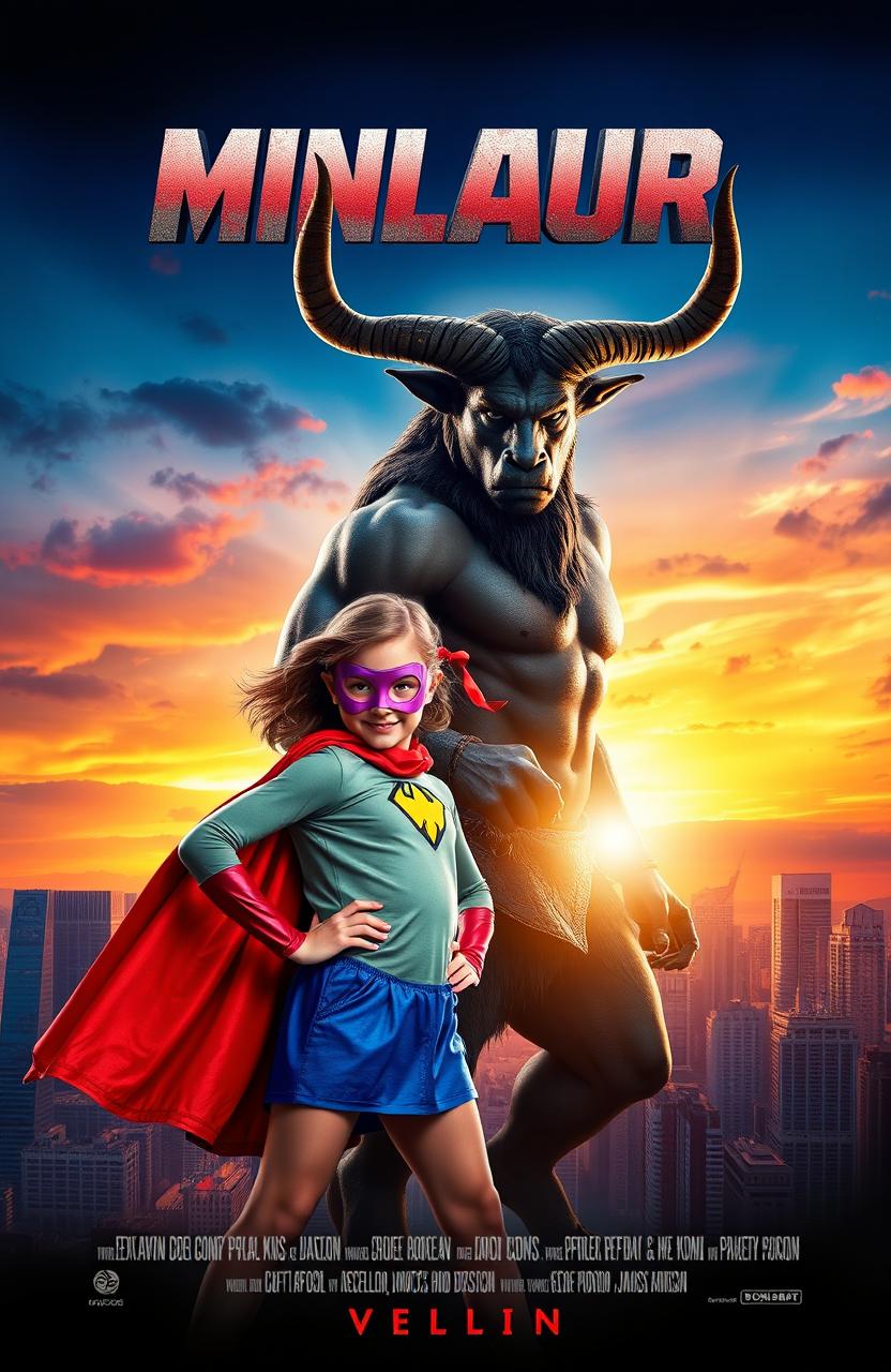 A movie cover design featuring two main characters: a young girl depicted as a superhero, wearing a bright and colorful superhero costume complete with a cape, mask, and dynamic pose, symbolizing strength and courage