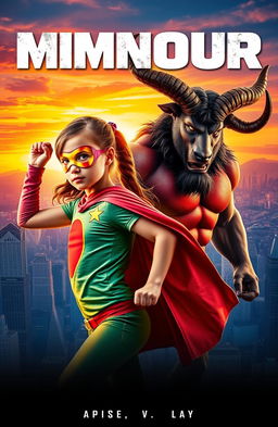 A movie cover design featuring two main characters: a young girl depicted as a superhero, wearing a bright and colorful superhero costume complete with a cape, mask, and dynamic pose, symbolizing strength and courage