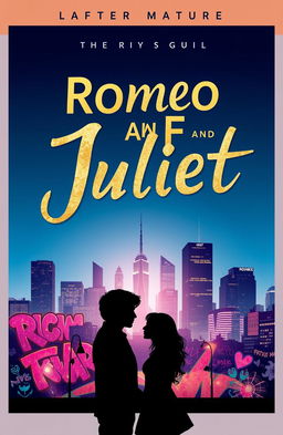 A modern cover design for 'Romeo and Juliet' featuring a contemporary city skyline in the background, with dramatic lighting