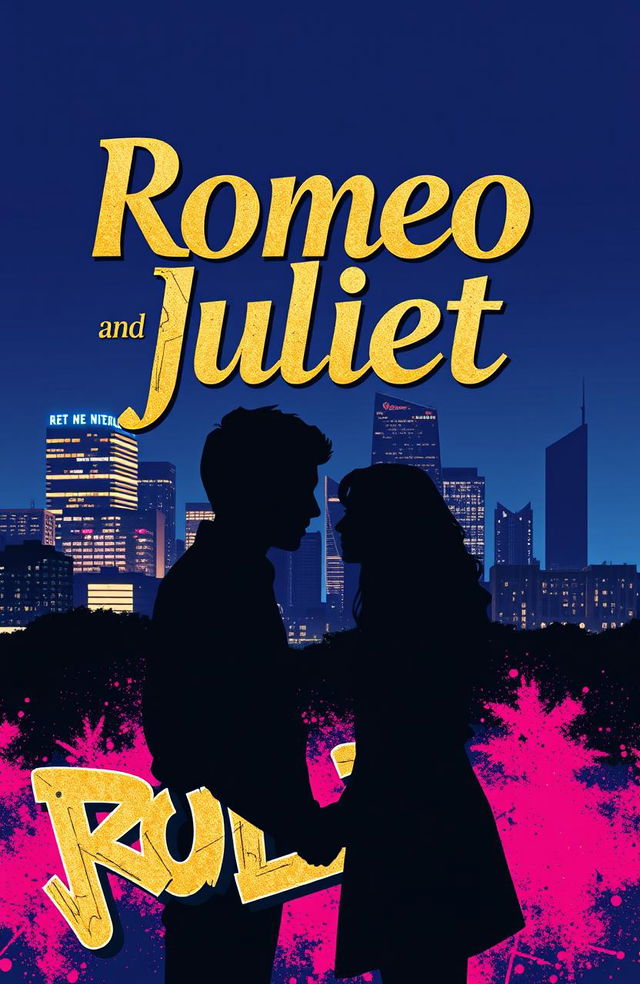 A modern cover design for 'Romeo and Juliet' featuring a contemporary city skyline in the background, with dramatic lighting