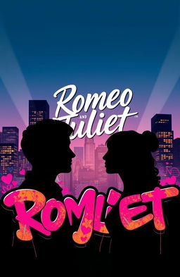 A modern cover design for 'Romeo and Juliet' featuring a contemporary city skyline in the background, with dramatic lighting