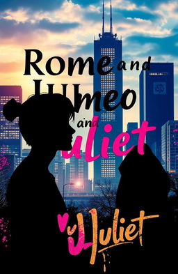 A modern cover design for 'Romeo and Juliet' featuring a contemporary city skyline in the background, with dramatic lighting