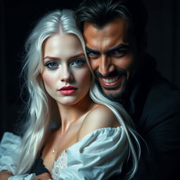 A striking scene featuring a beautiful white-haired maiden with an enchanting, ethereal look, showcasing her albino skin and mesmerizing silver-blue eyes