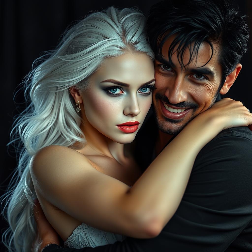 A striking scene featuring a beautiful white-haired maiden with an enchanting, ethereal look, showcasing her albino skin and mesmerizing silver-blue eyes
