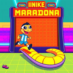 An illustration of a digital snake game featuring a pixel art style representation of Diego Maradona