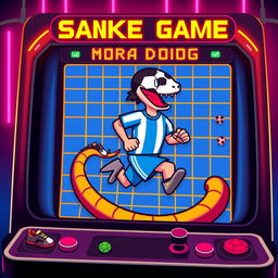 An illustration of a digital snake game featuring a pixel art style representation of Diego Maradona