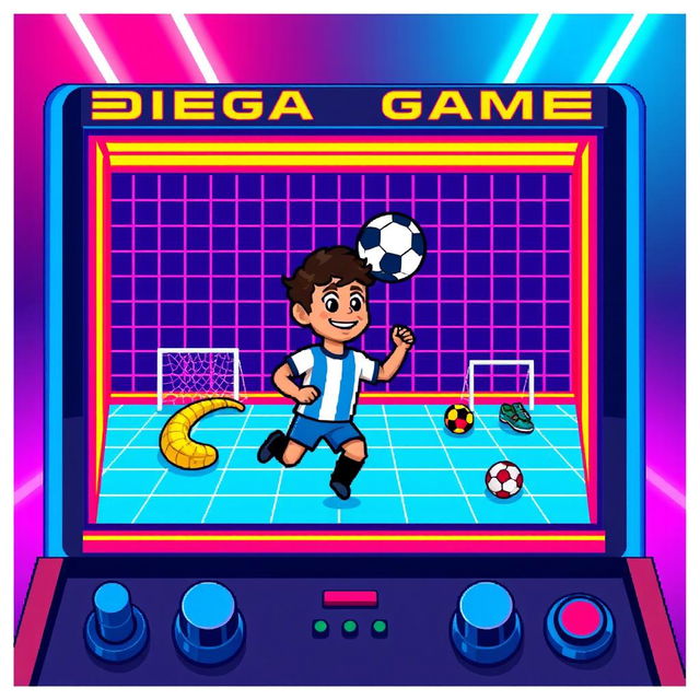 An illustration of a digital snake game featuring a pixel art style representation of Diego Maradona