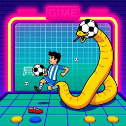 An illustration of a digital snake game featuring a pixel art style representation of Diego Maradona