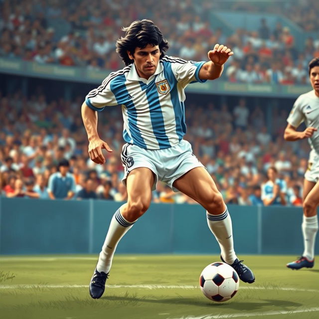 An artistic representation of Diego Maradona, showcasing his iconic playing style, wearing the light blue and white jersey of the Argentina national team