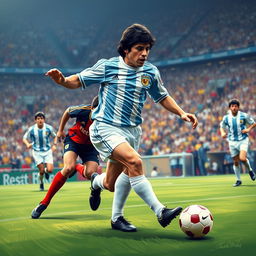 An artistic representation of Diego Maradona, showcasing his iconic playing style, wearing the light blue and white jersey of the Argentina national team