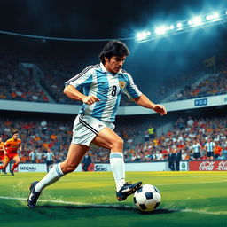 An artistic representation of Diego Maradona, showcasing his iconic playing style, wearing the light blue and white jersey of the Argentina national team