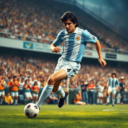An artistic representation of Diego Maradona, showcasing his iconic playing style, wearing the light blue and white jersey of the Argentina national team
