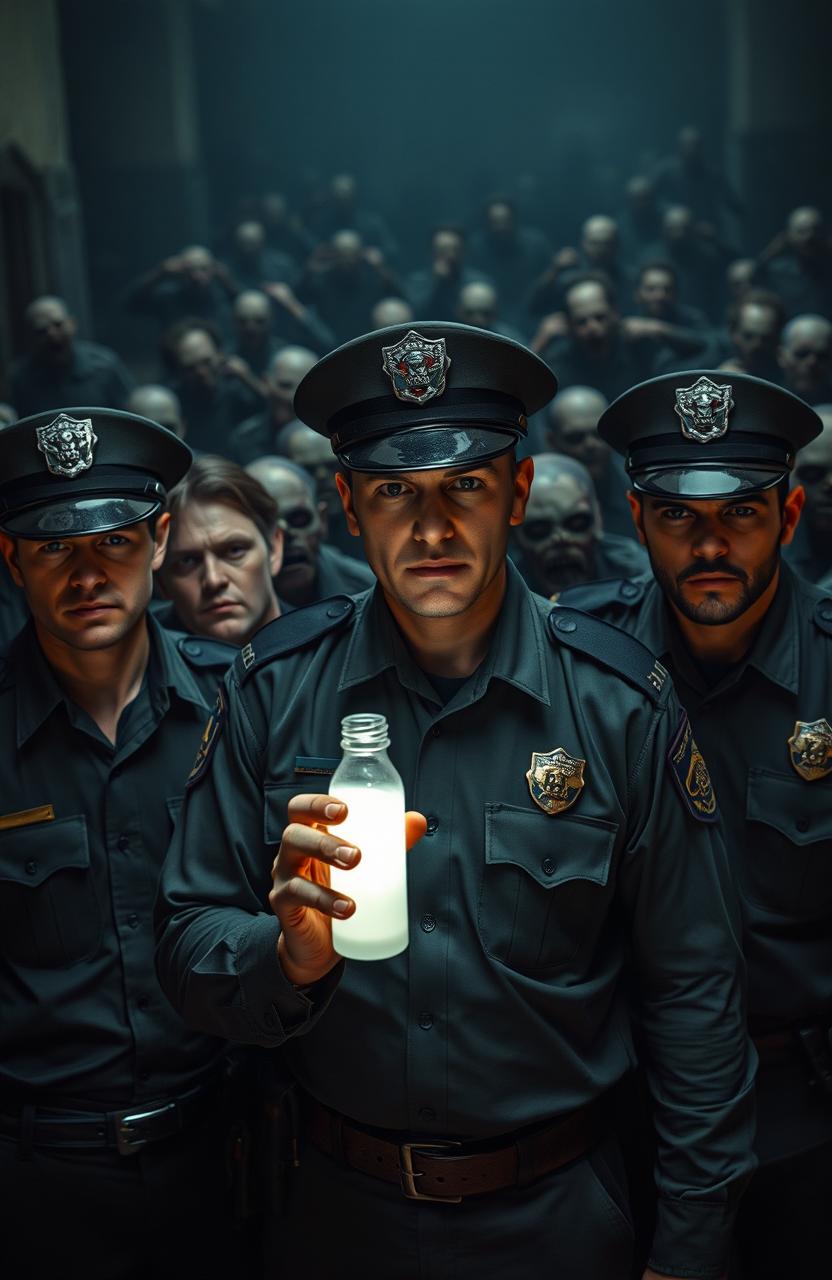 A group of brave police officers standing together in a tense scene, with one officer in the front holding a glowing milky white vial