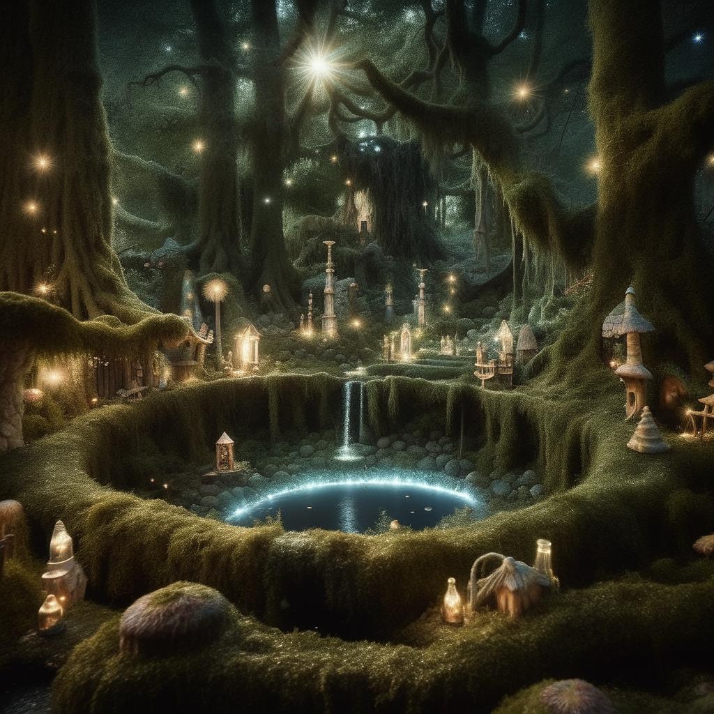 An enchanted forest with towering trees, moss-covered stones, a sparkling creek, and a magical well in the heart of it. Fill the scene with butteries, fairies and magical flora glowing under the moonlight