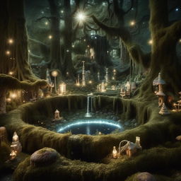 An enchanted forest with towering trees, moss-covered stones, a sparkling creek, and a magical well in the heart of it. Fill the scene with butteries, fairies and magical flora glowing under the moonlight