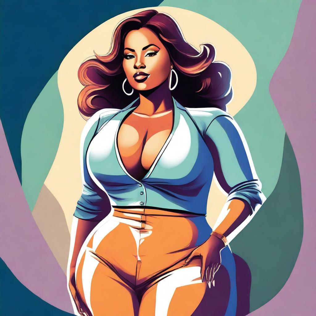 A digital art illustration of a curvaceous woman with a well-defined figure, dressed in stylish clothing