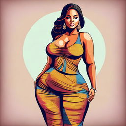 A digital art illustration of a curvaceous woman with a well-defined figure, dressed in stylish clothing