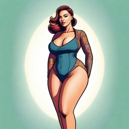 A digital art illustration of a curvaceous woman with a well-defined figure, dressed in stylish clothing