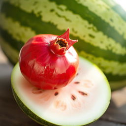 A close-up image of a pomegranate resting on a sliced watermelon rind, showcasing the vibrant red arils of the pomegranate and the green striped surface of the watermelon