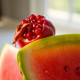 A close-up image of a pomegranate resting on a sliced watermelon rind, showcasing the vibrant red arils of the pomegranate and the green striped surface of the watermelon