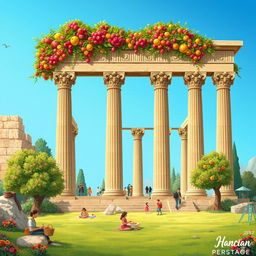 An illustration of a vibrant, healthy version of Persepolis, showcasing lush gardens and trees filled with fruit, bright flowers blooming around ancient stone structures, and a clear blue sky