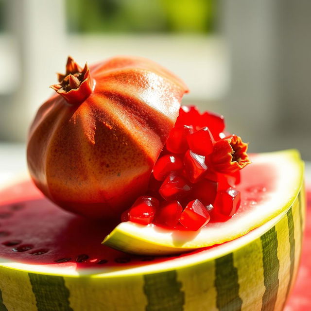 A close-up image of a pomegranate resting on a sliced watermelon rind, showcasing the vibrant red arils of the pomegranate and the green striped surface of the watermelon