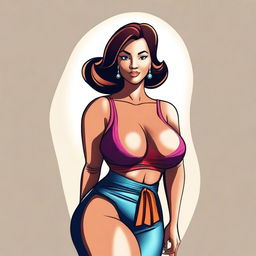 A digital art illustration of a curvaceous woman with a well-defined figure, dressed in stylish clothing