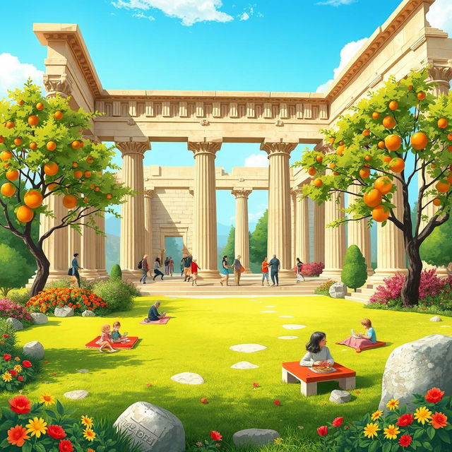 An illustration of a vibrant, healthy version of Persepolis, showcasing lush gardens and trees filled with fruit, bright flowers blooming around ancient stone structures, and a clear blue sky