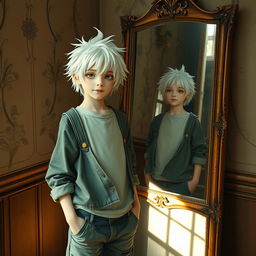A girl with striking white hair disguised as a boy stands confidently in front of a vintage mirror, wearing casual boyish clothing