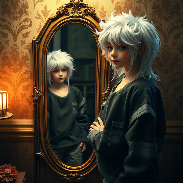 A girl with striking white hair disguised as a boy stands confidently in front of a vintage mirror, wearing casual boyish clothing