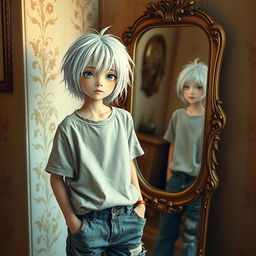 A girl with striking white hair disguised as a boy stands confidently in front of a vintage mirror, wearing casual boyish clothing