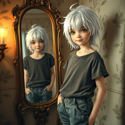 A girl with striking white hair disguised as a boy stands confidently in front of a vintage mirror, wearing casual boyish clothing