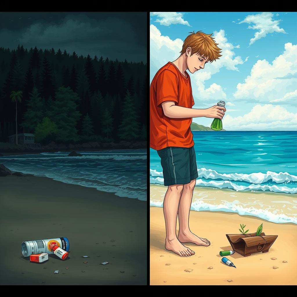 A split image depicting a beach scene with a person thoughtlessly littering their trash, such as a water bottle and cigarette pack, on one side, using dark colors to convey a somber atmosphere