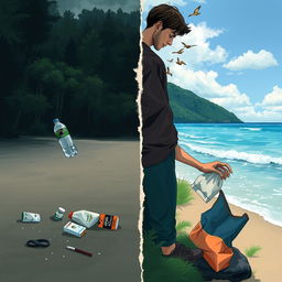 A split image depicting a beach scene with a person thoughtlessly littering their trash, such as a water bottle and cigarette pack, on one side, using dark colors to convey a somber atmosphere