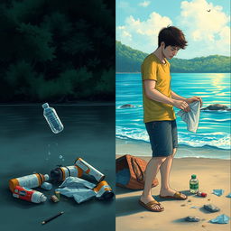 A split image depicting a beach scene with a person thoughtlessly littering their trash, such as a water bottle and cigarette pack, on one side, using dark colors to convey a somber atmosphere