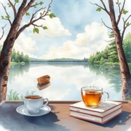 A serene lakeside scene depicted in soft, gentle watercolor painting style, with vibrant hues of blues and greens
