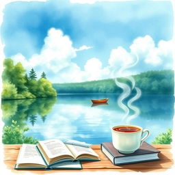 A serene lakeside scene depicted in soft, gentle watercolor painting style, with vibrant hues of blues and greens