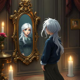 A girl with striking white hair disguised as a boy stands in front of an ornate Victorian mirror, dressed in boyish attire