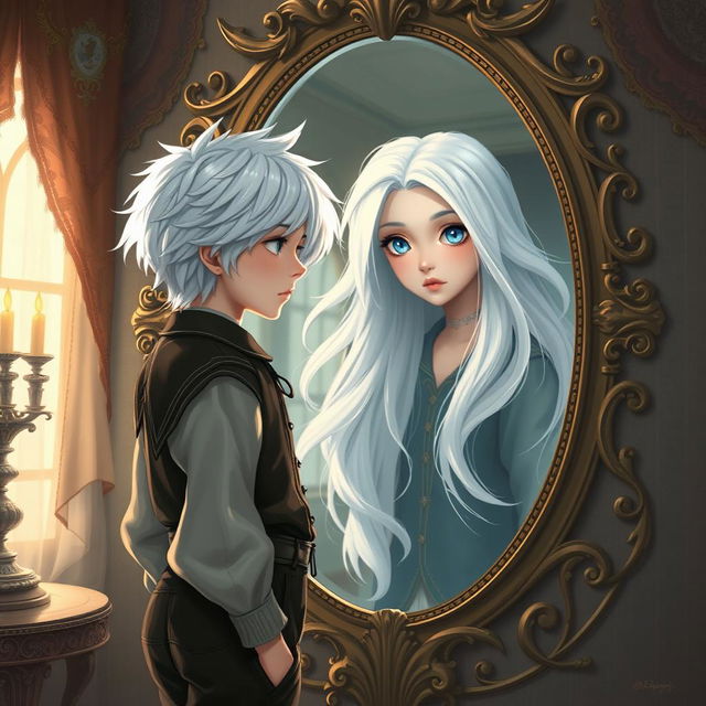 A girl with striking white hair disguised as a boy stands in front of an ornate Victorian mirror, dressed in boyish attire