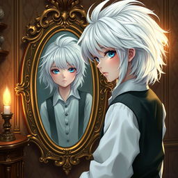 A girl with striking white hair disguised as a boy stands in front of an ornate Victorian mirror, dressed in boyish attire