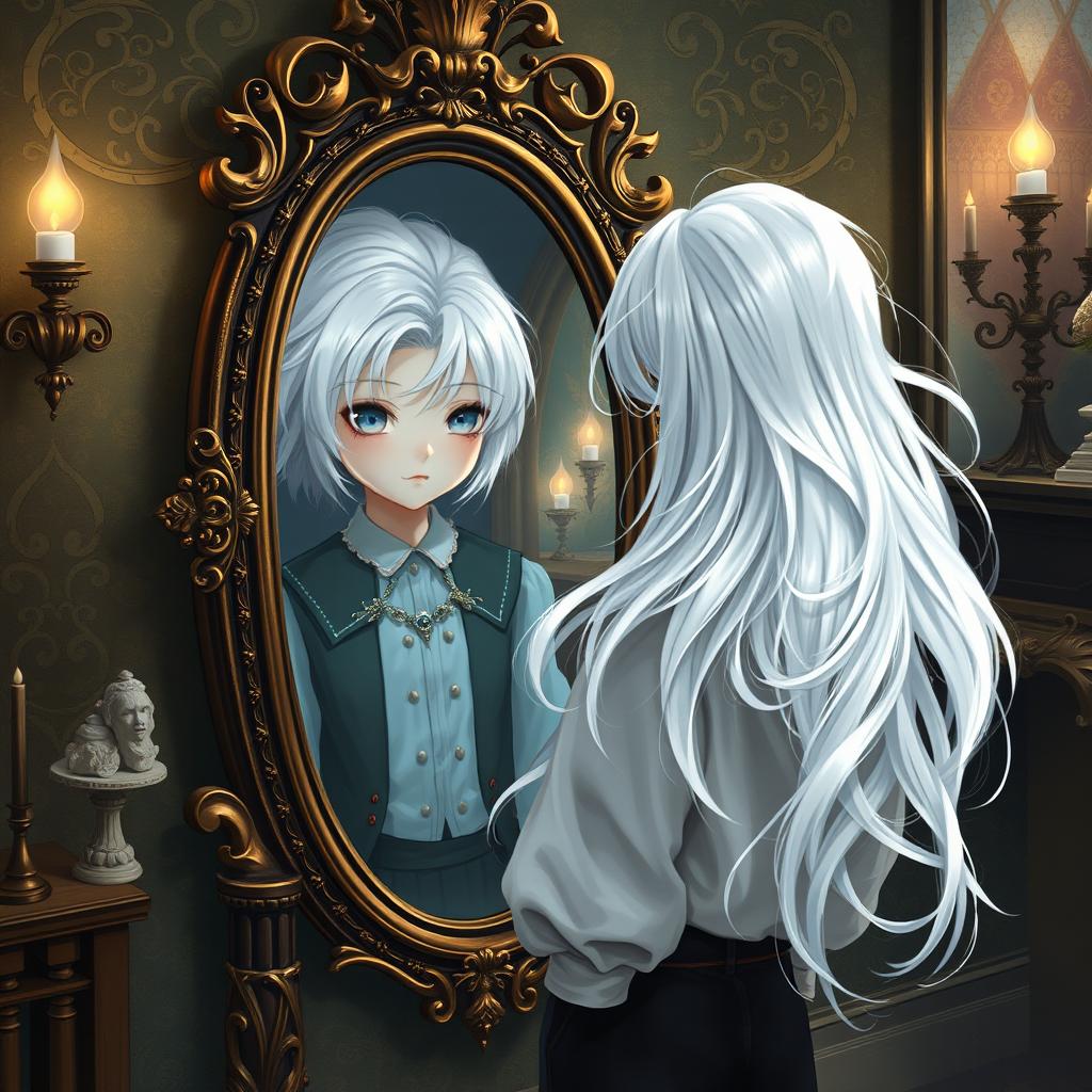 A girl with striking white hair disguised as a boy stands in front of an ornate Victorian mirror, dressed in boyish attire